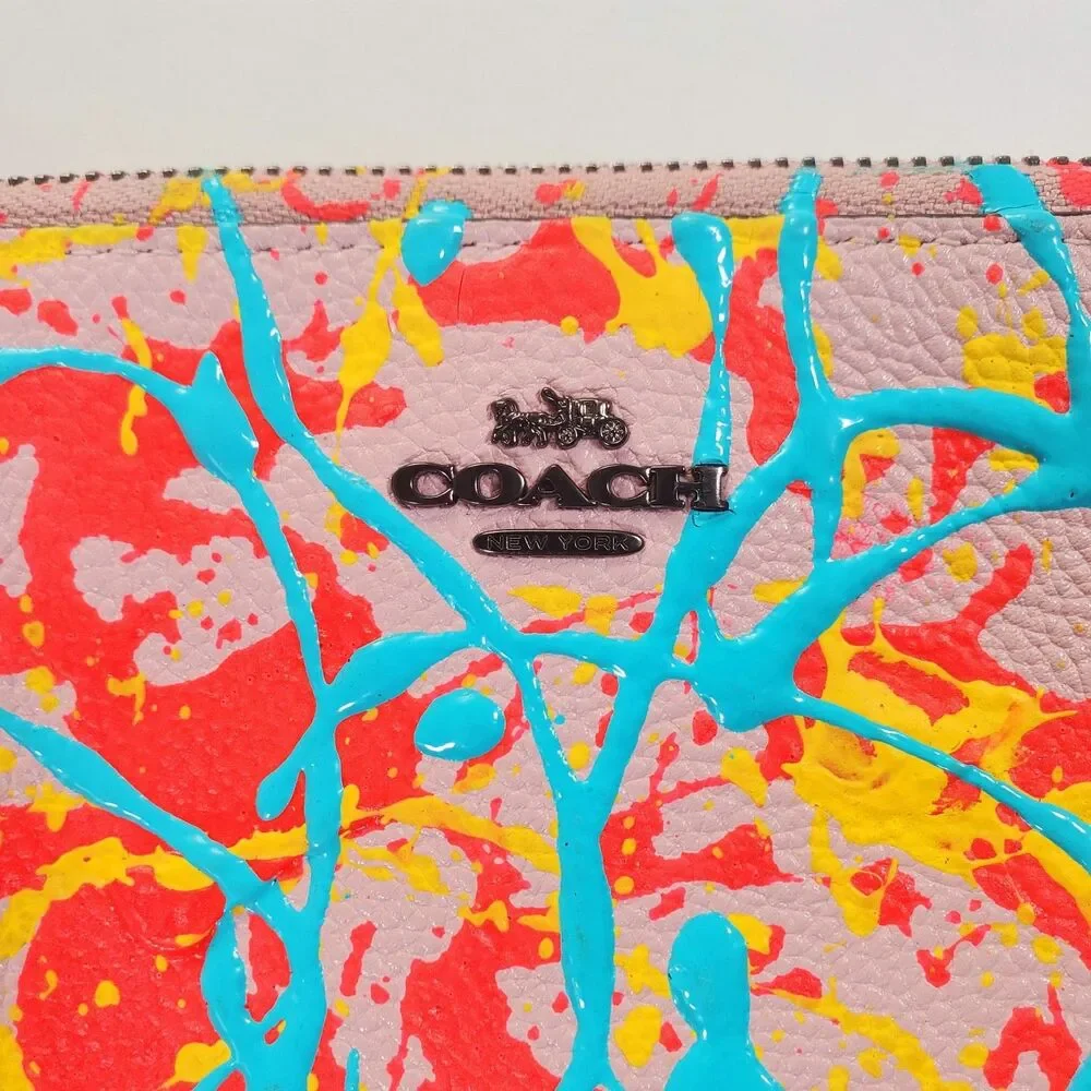 Coach Women’s Clutch Pink Leather Graphic Hand Painted Neon Wristlet 